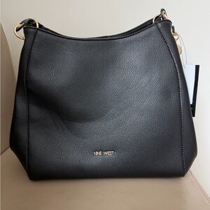 Nine West Black Pebbled Hobo Shoulder Bag with Gold Hardware
